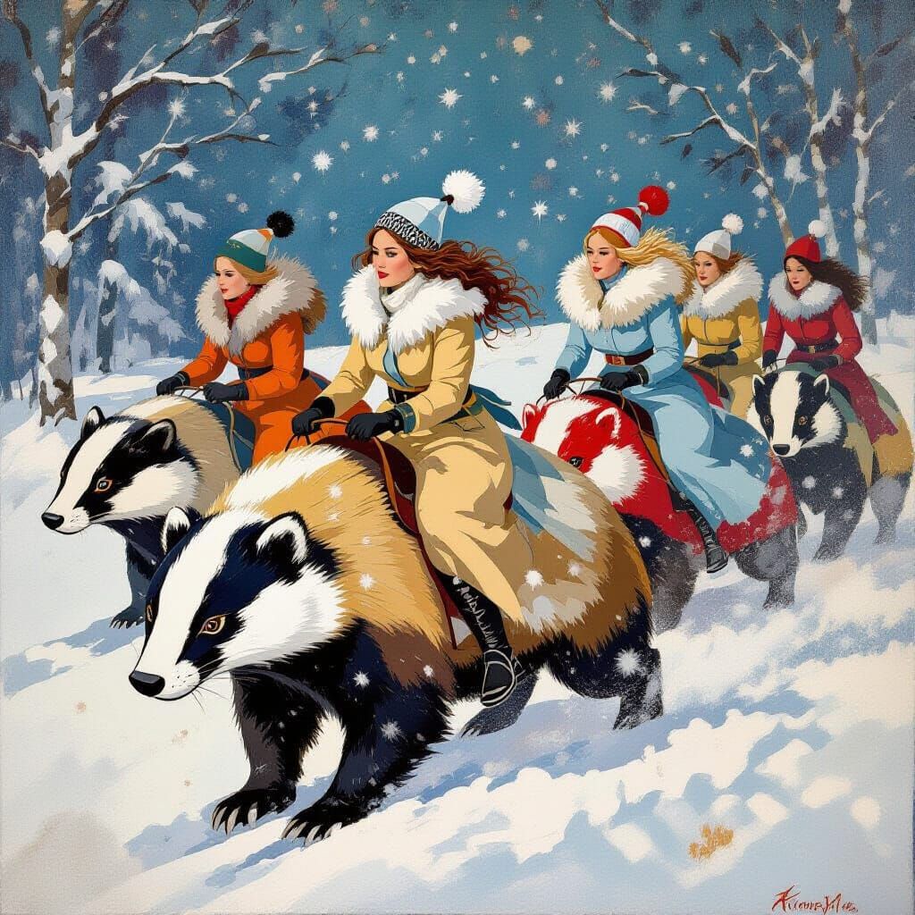 Women Riding Badgers in a Snowstorm