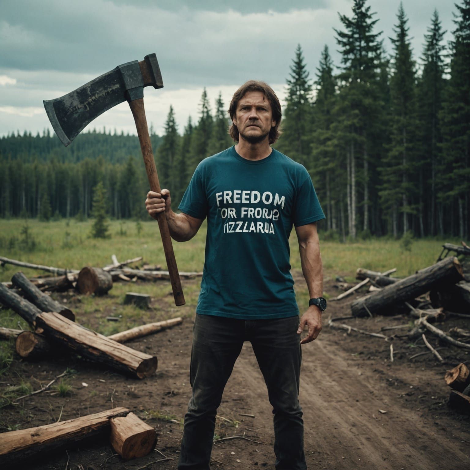 Dramatic Film Still: Man with Axe in T-Shirt