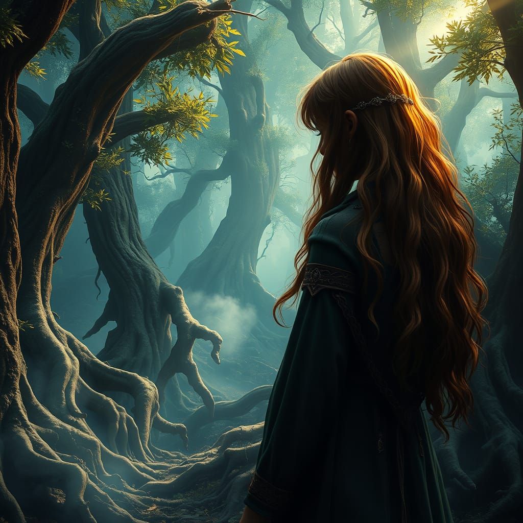 Mystical Brown-Haired Being in Ancient Forest
