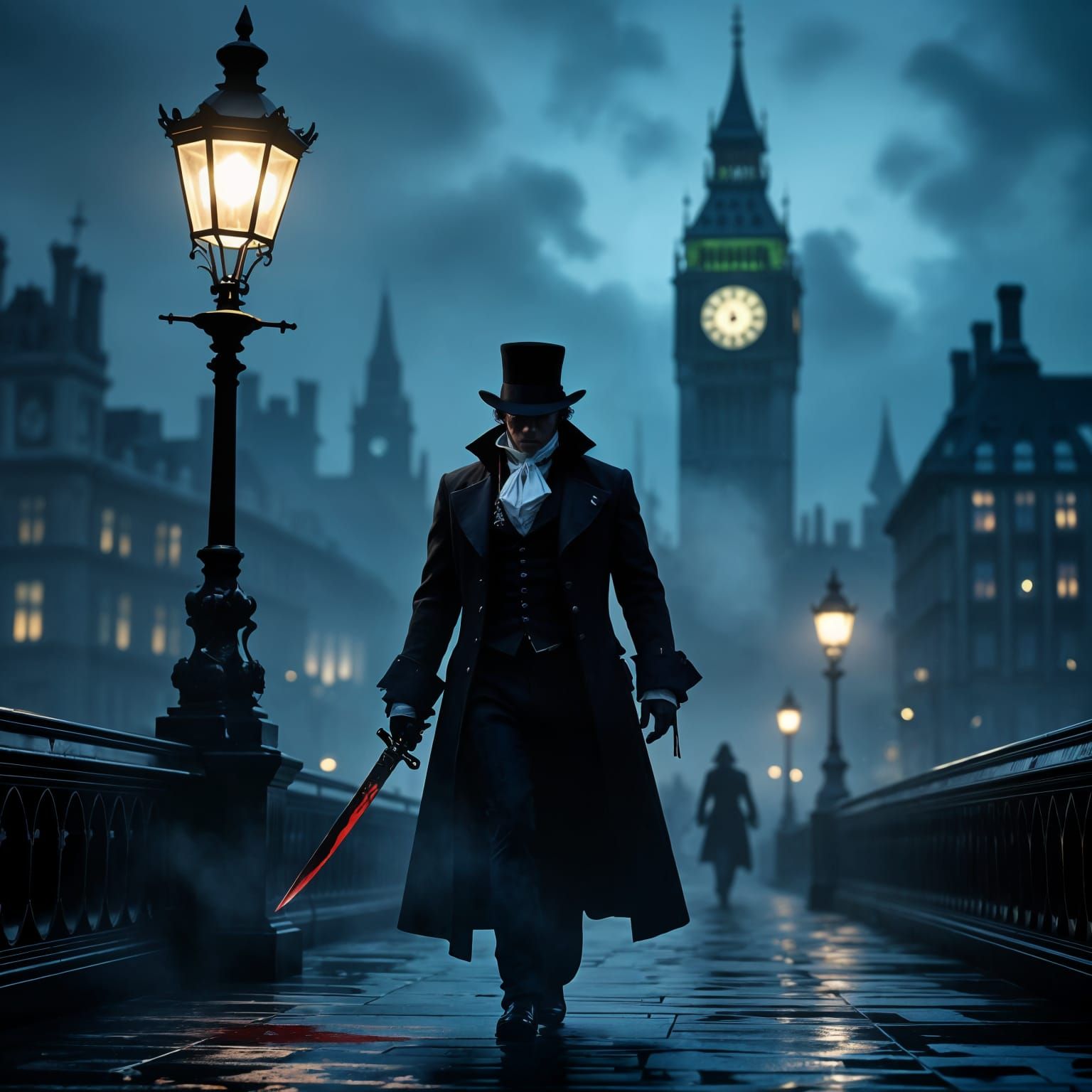 Shadowy Figure in Victorian London Fog