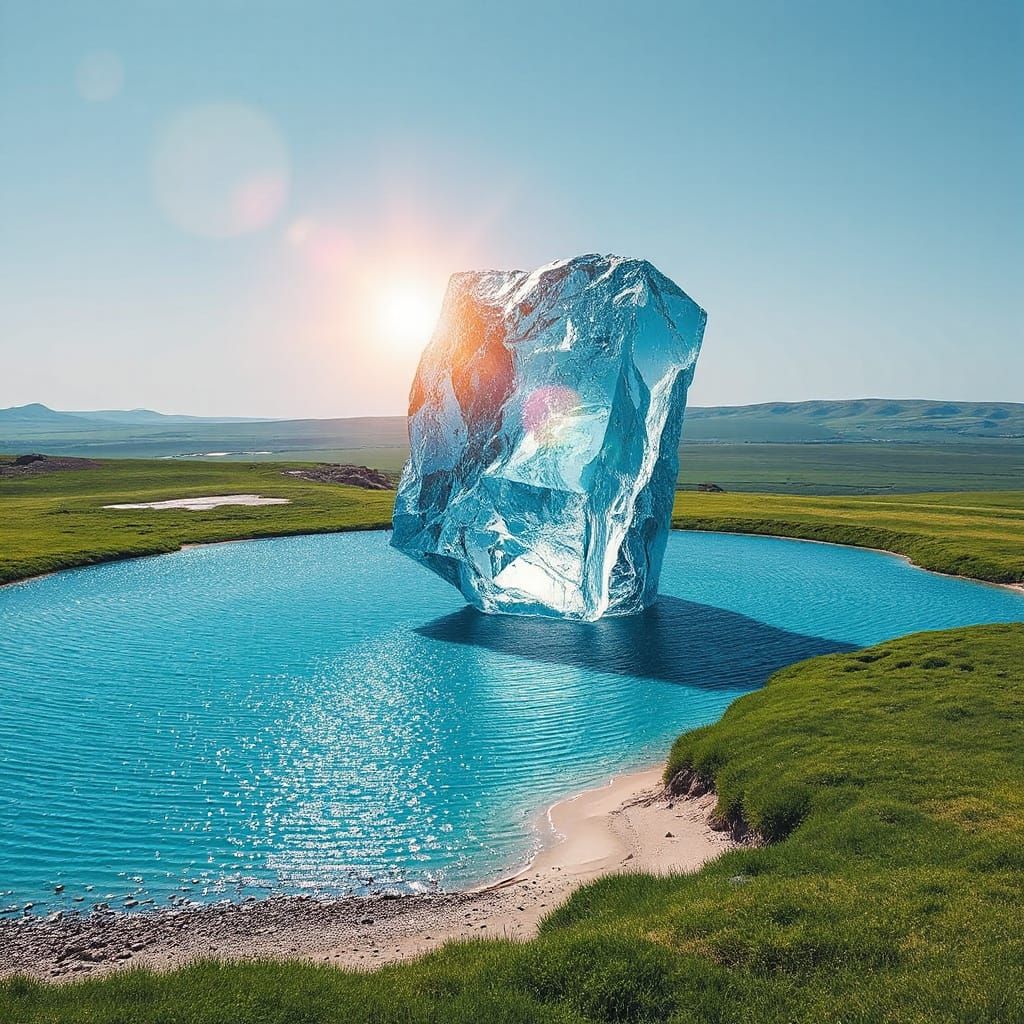 Colossal Ice Cube Over Sparkling Pond in Hyperrealism