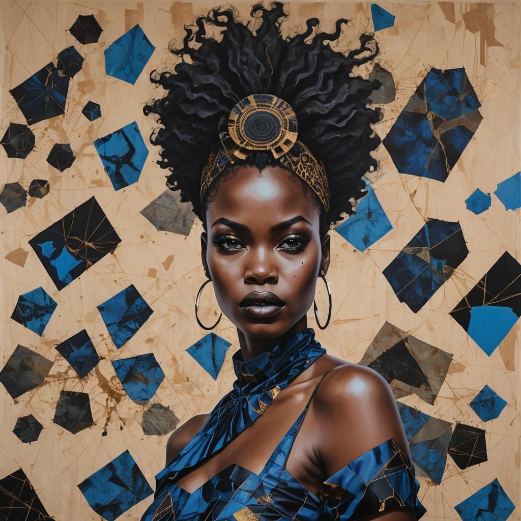 Afrofuturist Queen: Digital Collage with Geometric Motifs