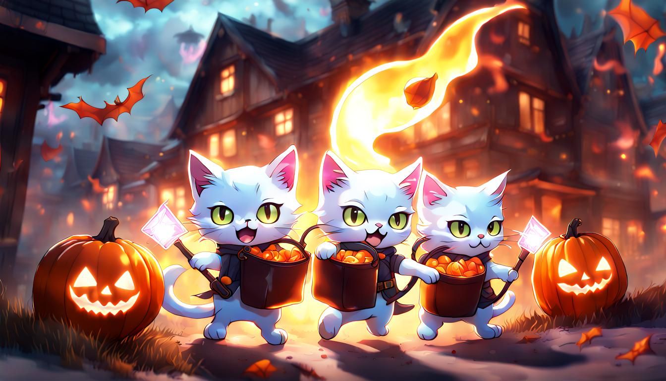 Ghostly Kittens Trick-or-Treat Battle: Anime Style