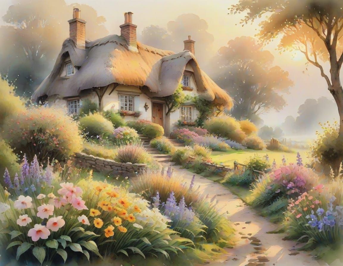 Misty Garden Cottage in Watercolor Painting