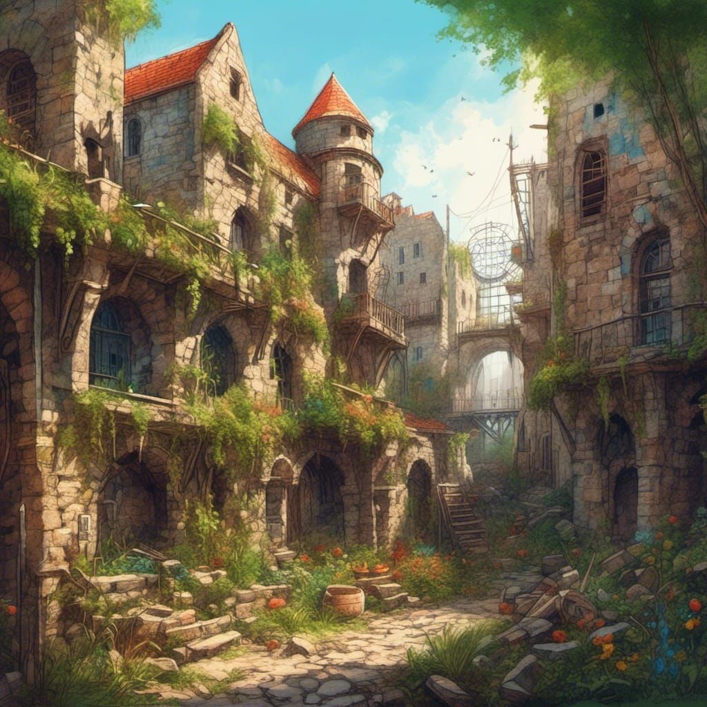 Medieval Town Rises in Brooklyn Ruins: Colored Pencil Sketch