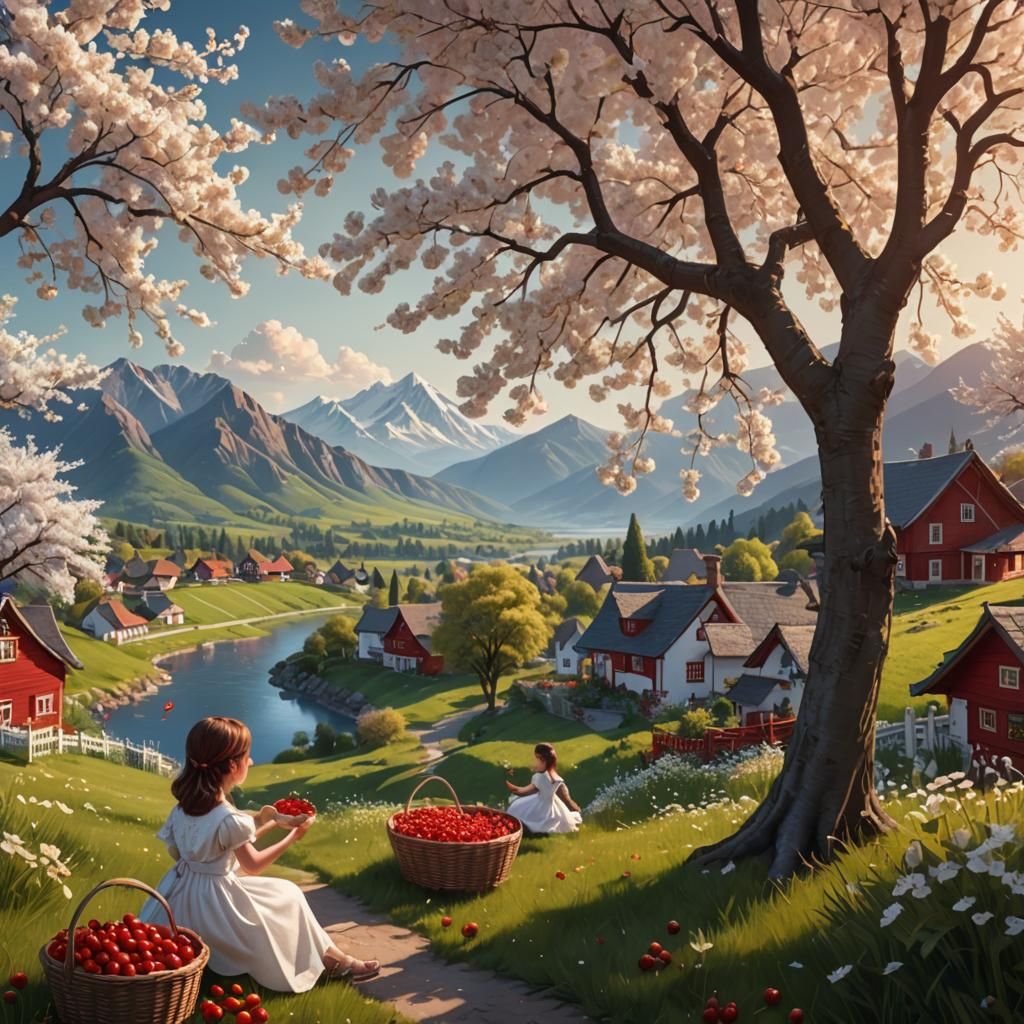 Girls Under Cherry Trees in Dreamy Landscape