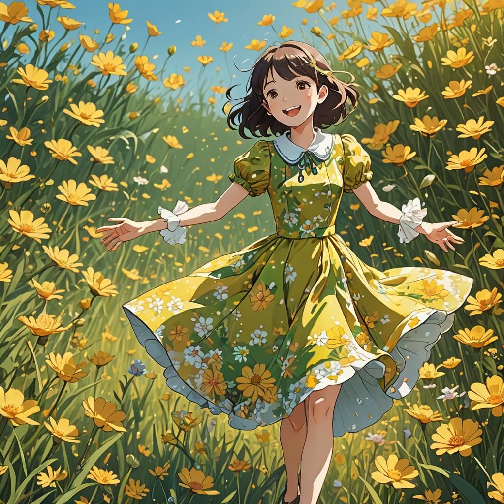 Happy Frog in Anime Style Floral Field