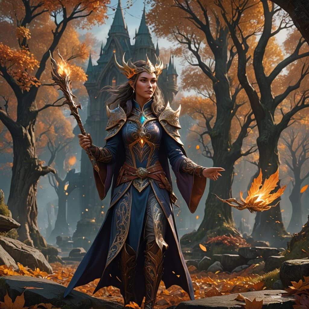 Enchanting Fall Eladrin Wizard in Detailed Fantasy Art
