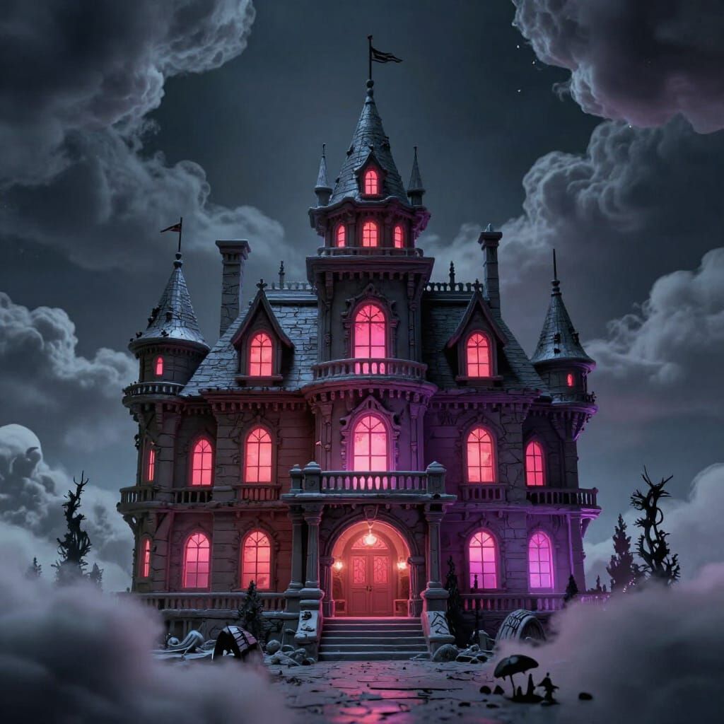 Gothic Mansion in Clouds: Sci-Fi Comic Panel Style