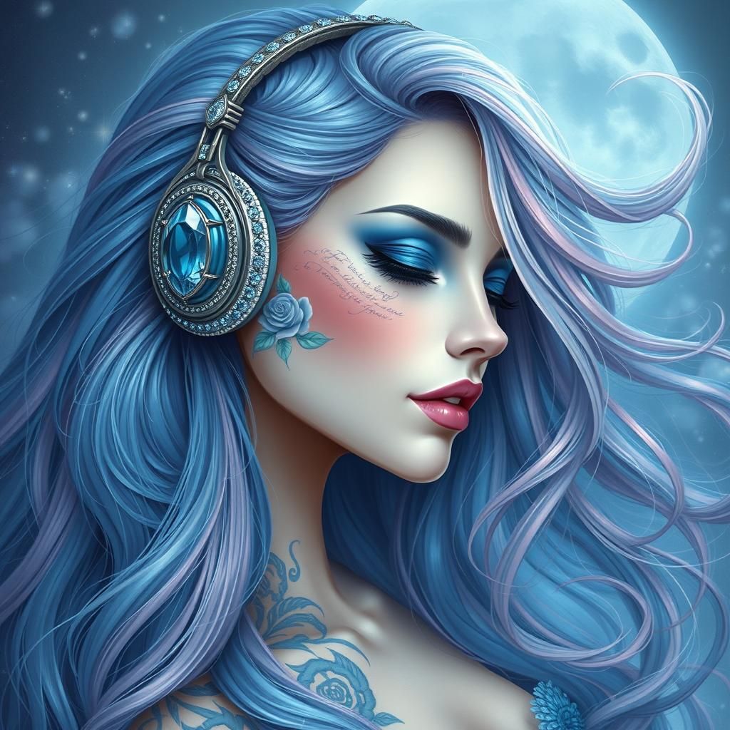 Mystical Siren with Blue Rose Tattoo in Dreamlike Style