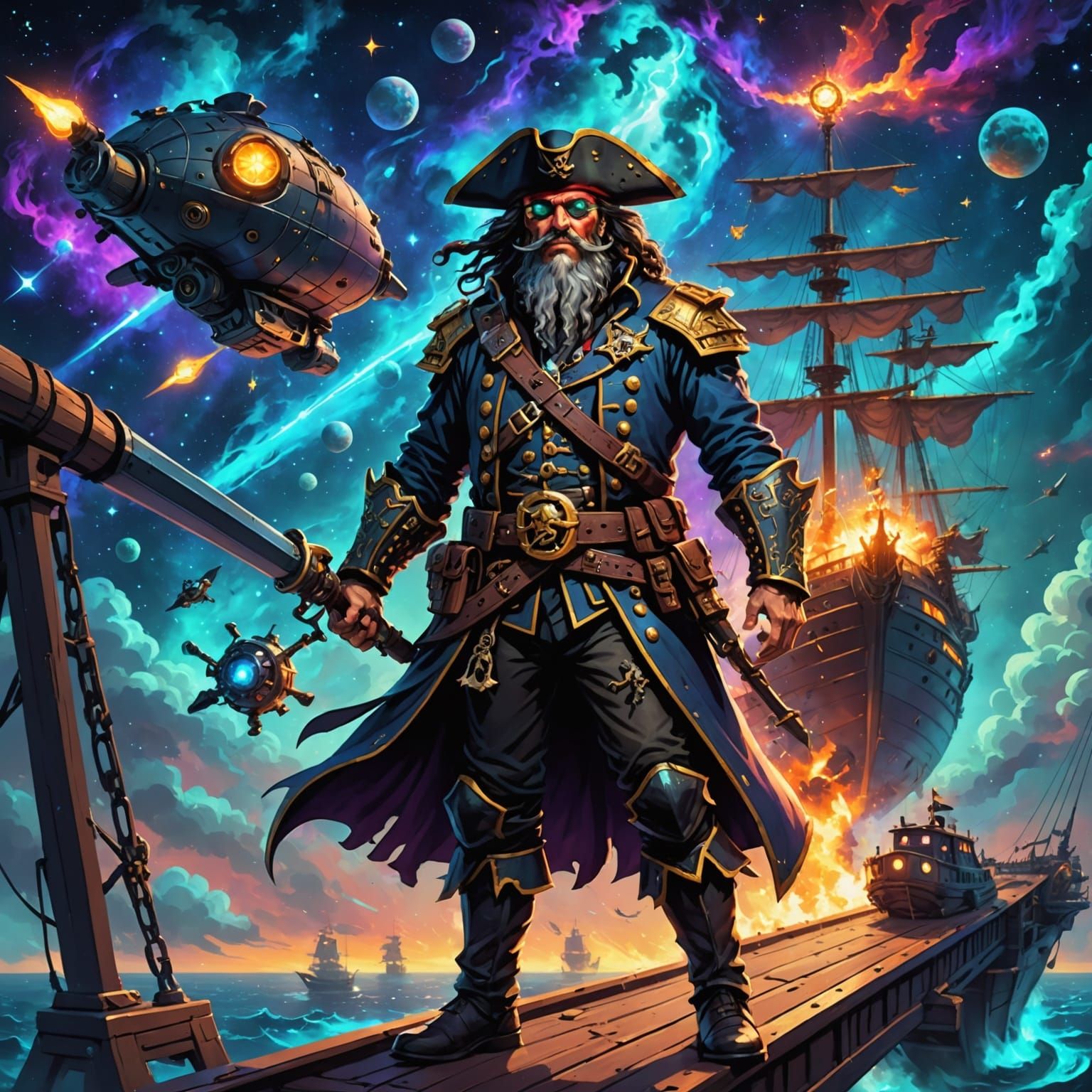 Cybernetic Pirate Captain Navigating Nebula in Moebius Style