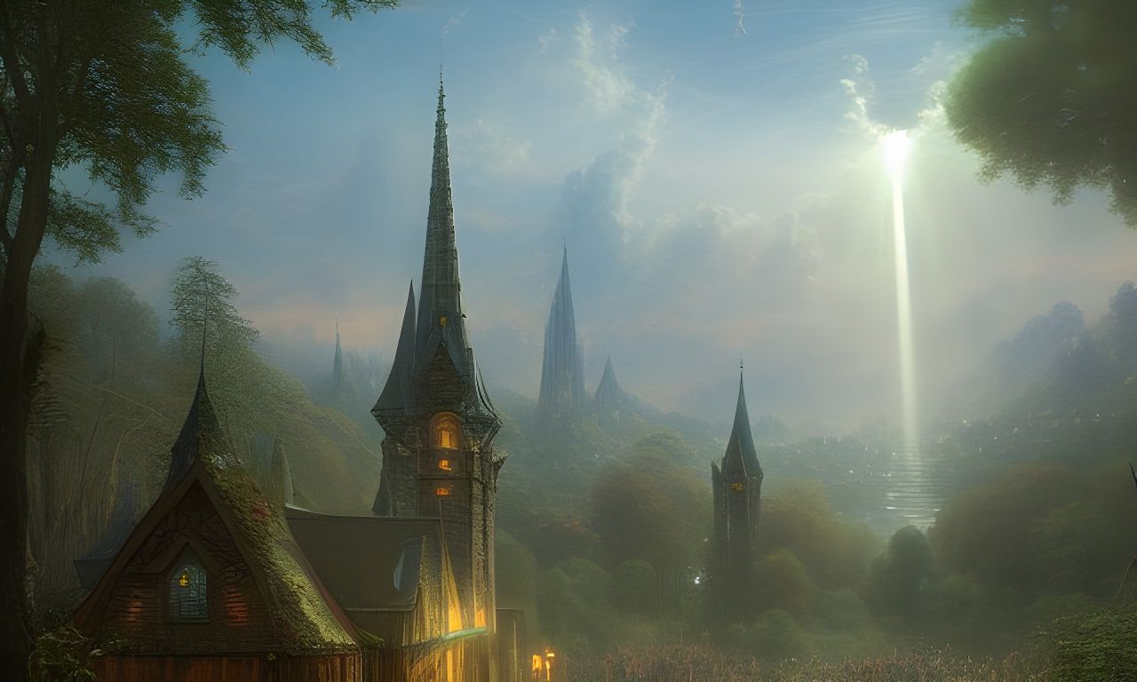 Medieval Fantasy Island with Ethereal Mist, Kinkade Style