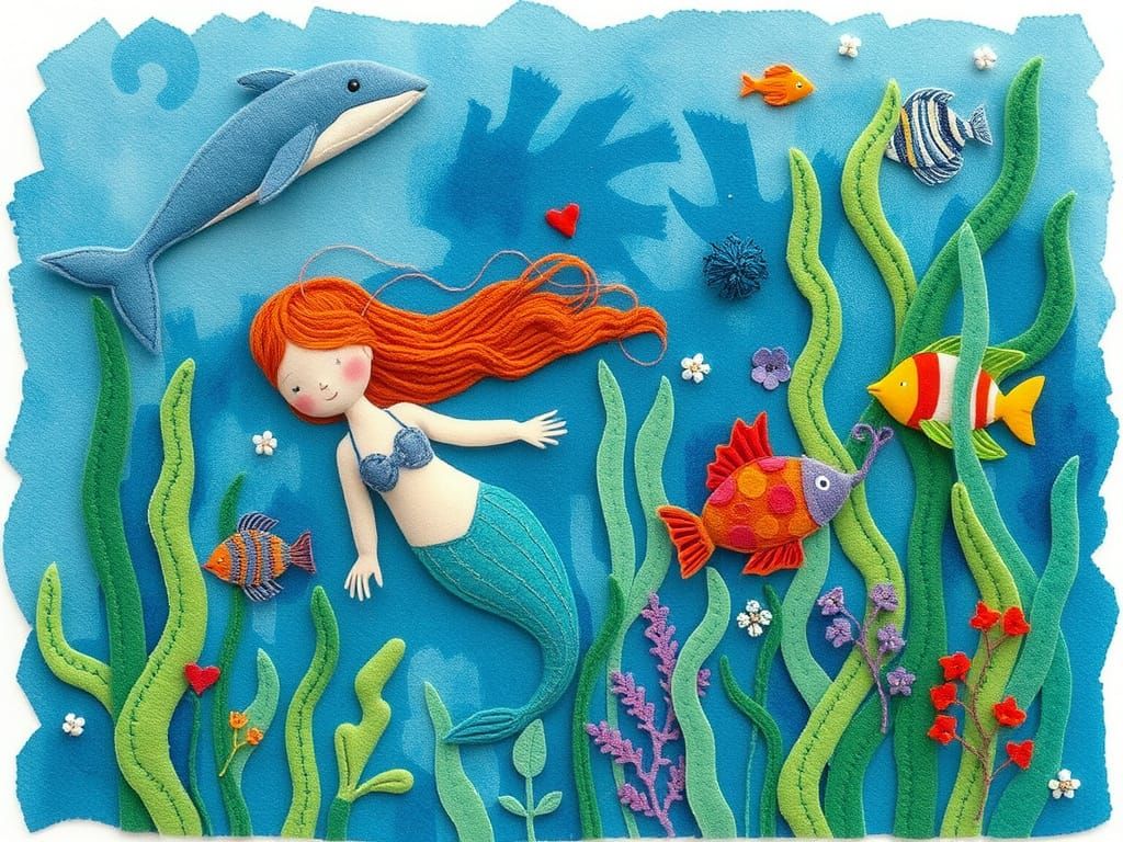 Felt Mermaid Underwater Scene with Whales and Dolphins