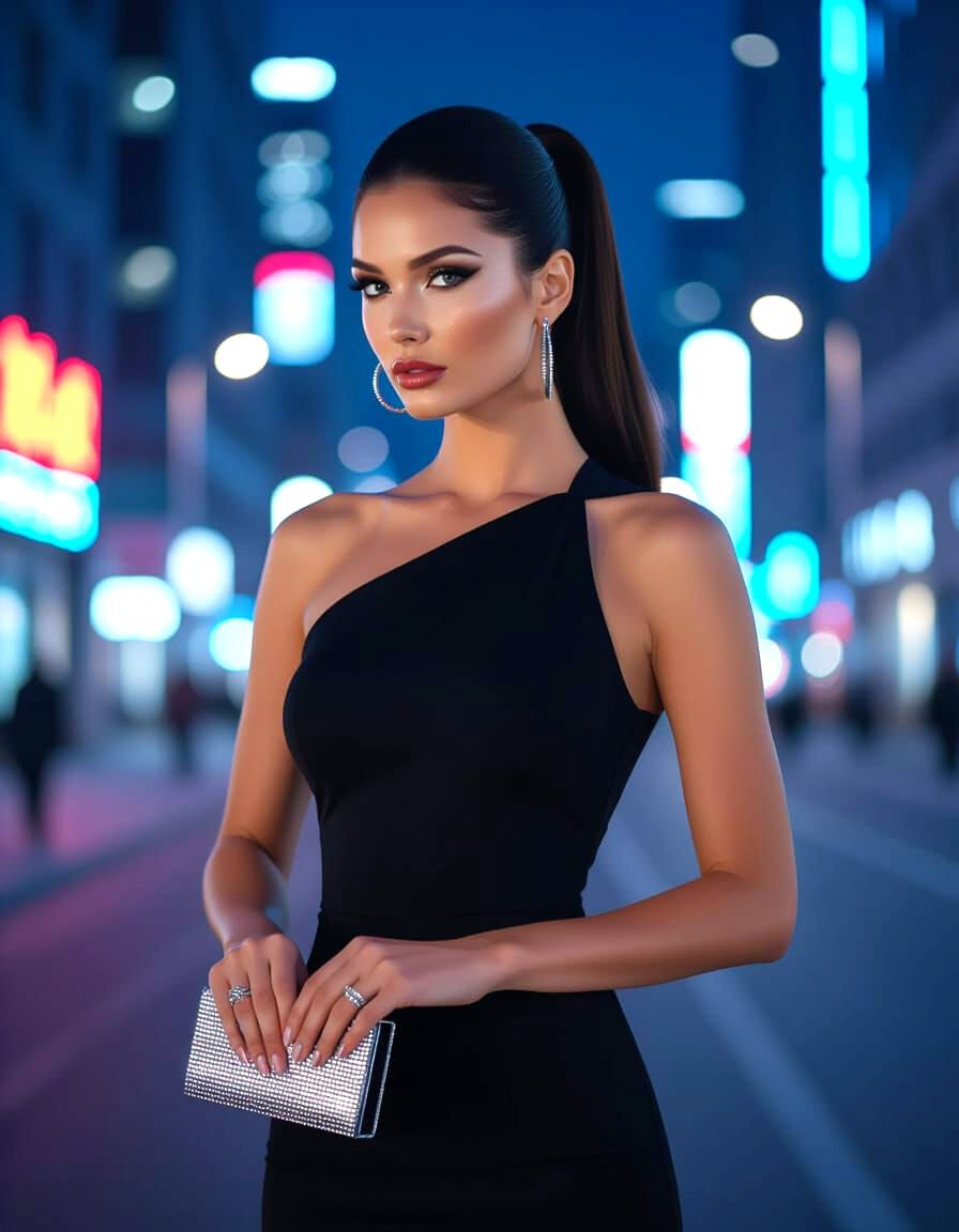Elegant Woman in Cityscape at Night