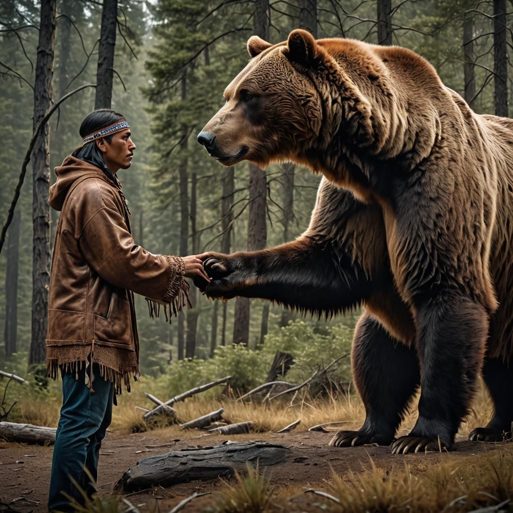 Native American Man and Brown Bear Encounter