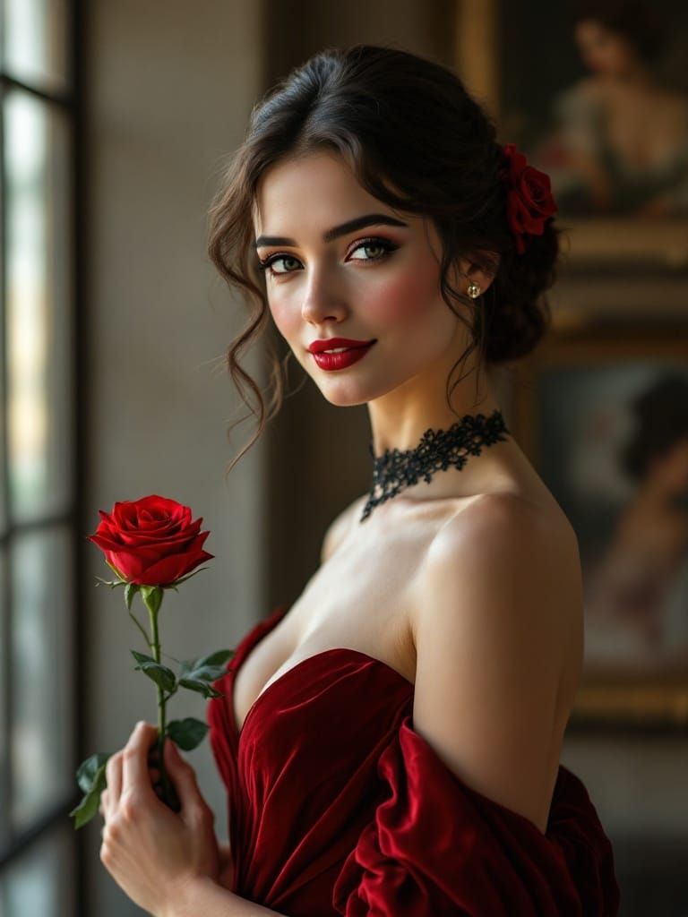 Elegant Belle of the Art Gallery Ball in Crimson Velvet Gown