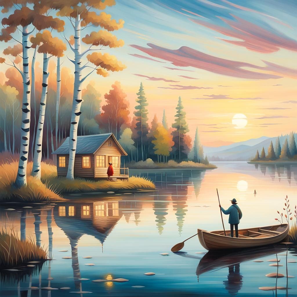 Serene Sunset Lake Scene with Cottage, Surreal Painting