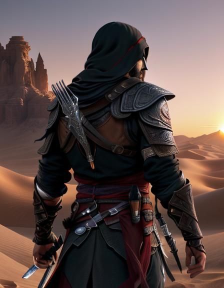 Middle Eastern Assassin in Desert Sunset: Detailed Portrait
