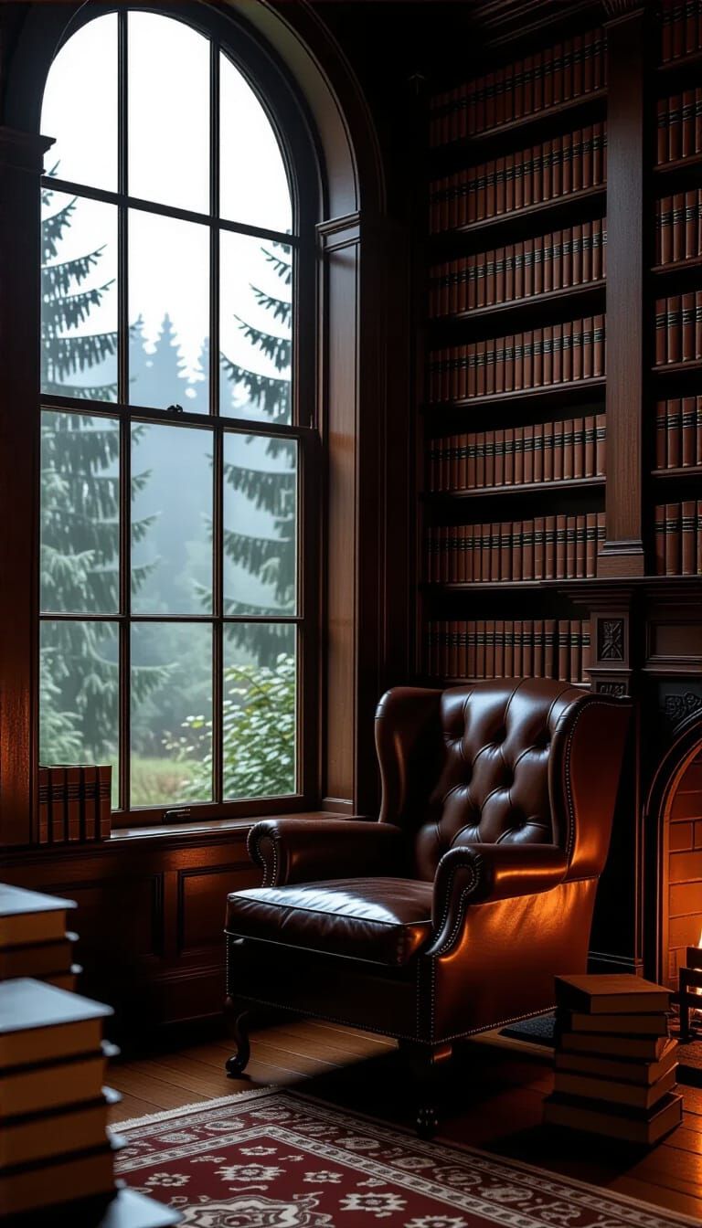 Cozy Library with Rain and Fireplace, Vintage Style