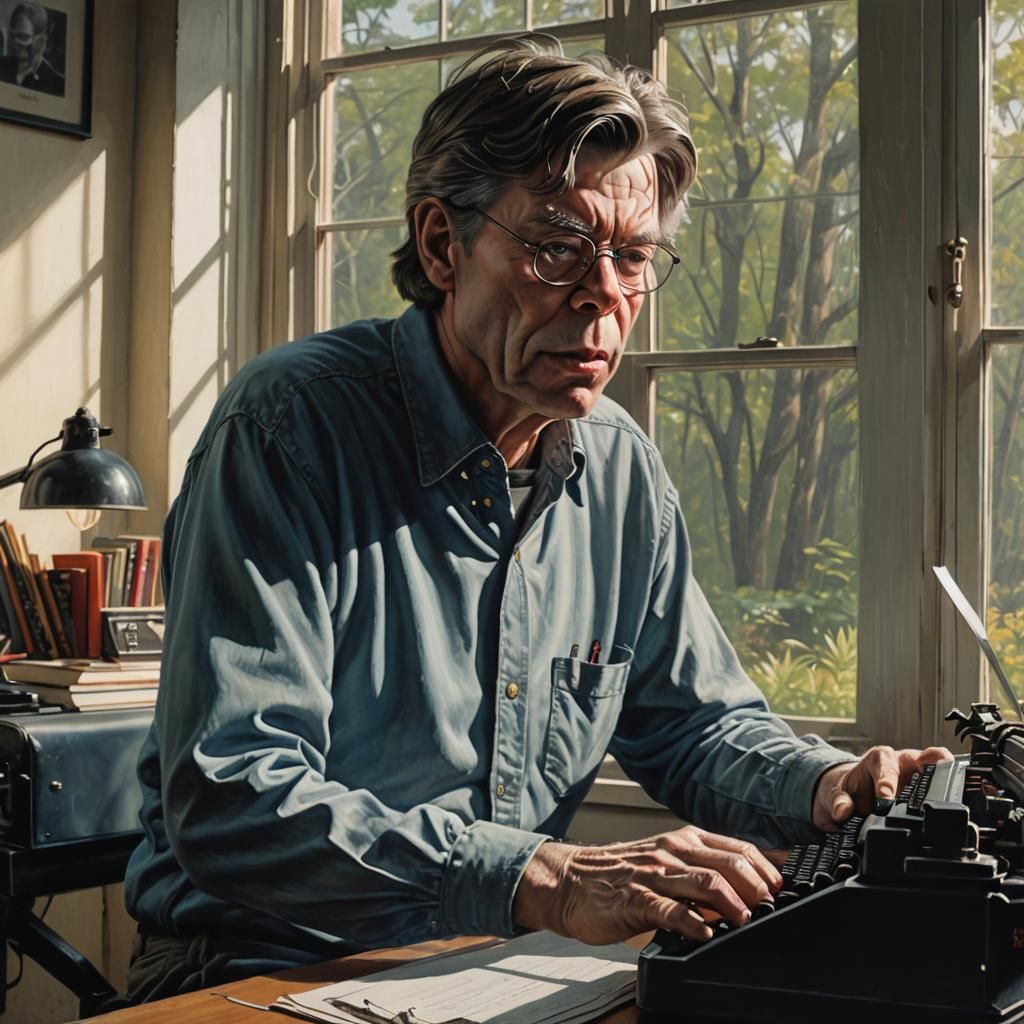 Stephen King at Typewriter: Hyperrealistic Concept Art
