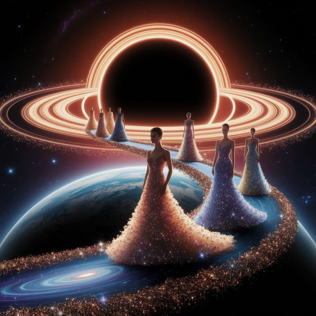 Cosmic Fashion Show on a Black Hole in Art Nouveau Style