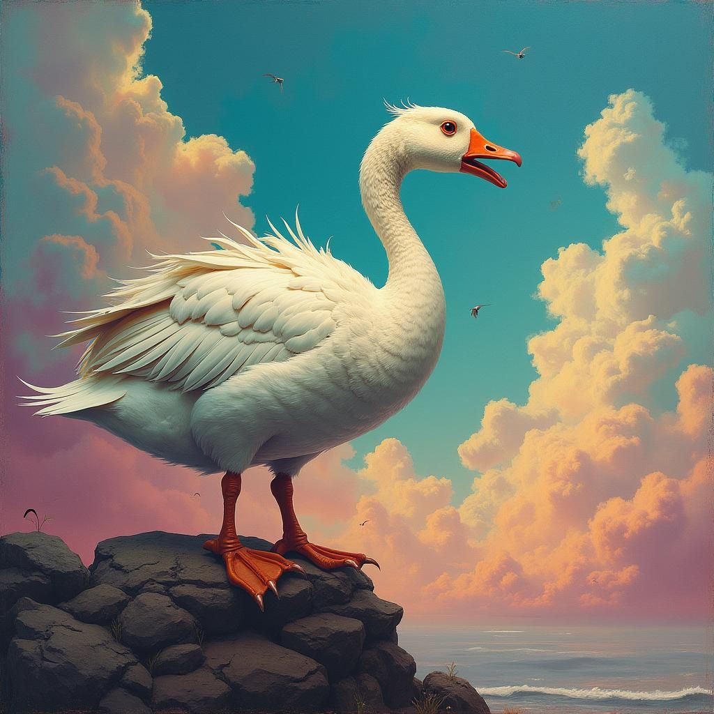 Distressed Goose in Vibrant Dreamscape
