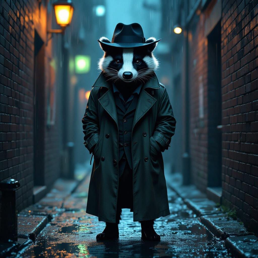 Badger Detective in Rain-Slicked Alley, Hyperrealistic Style