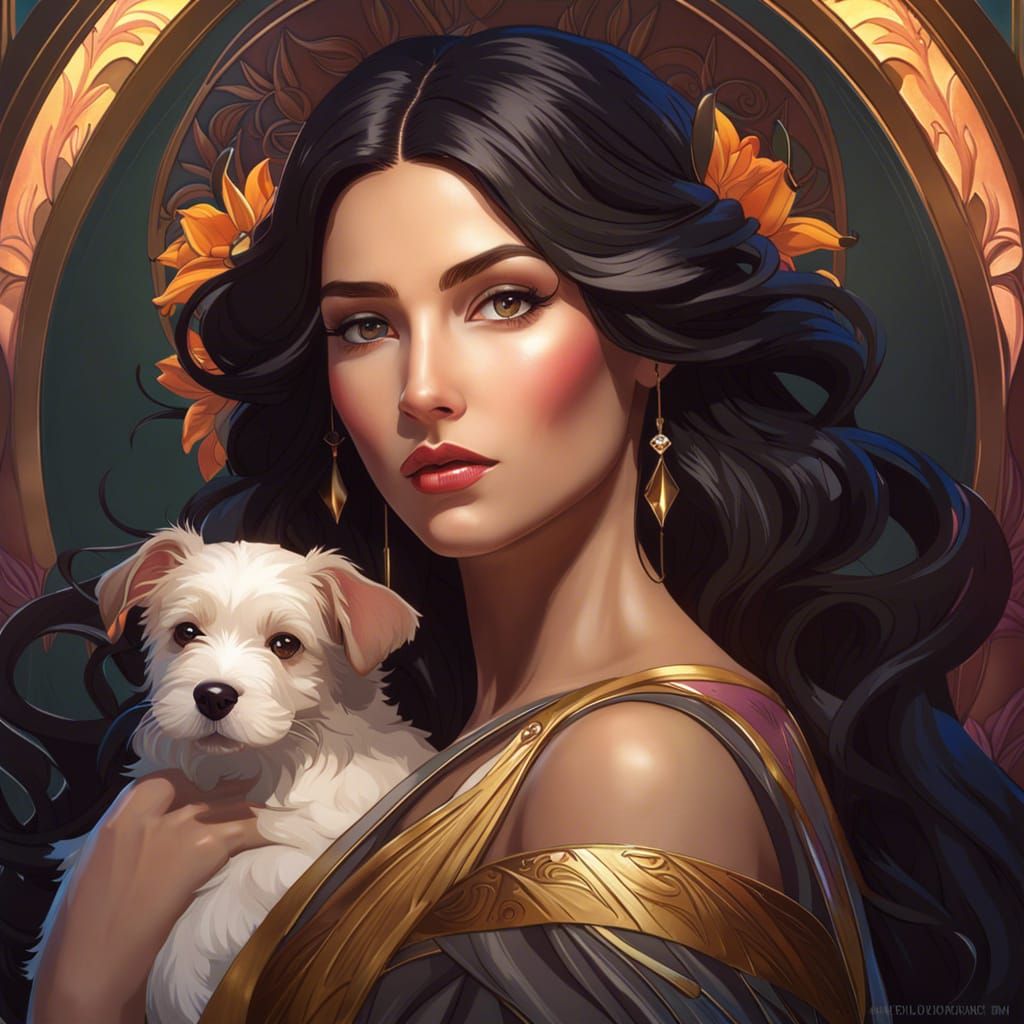 Art Nouveau Woman with Lilies and Puppy