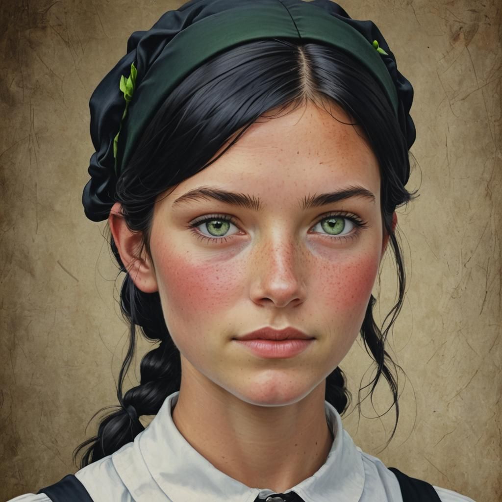 Amish Girl with Jet Black Hair and Green Eyes