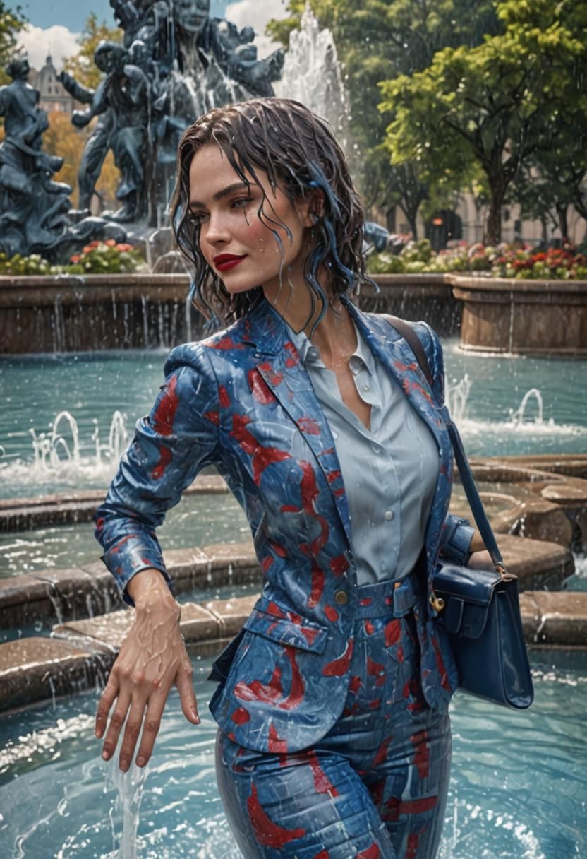 Glamorous Woman in Fountain: Detailed Matte Painting