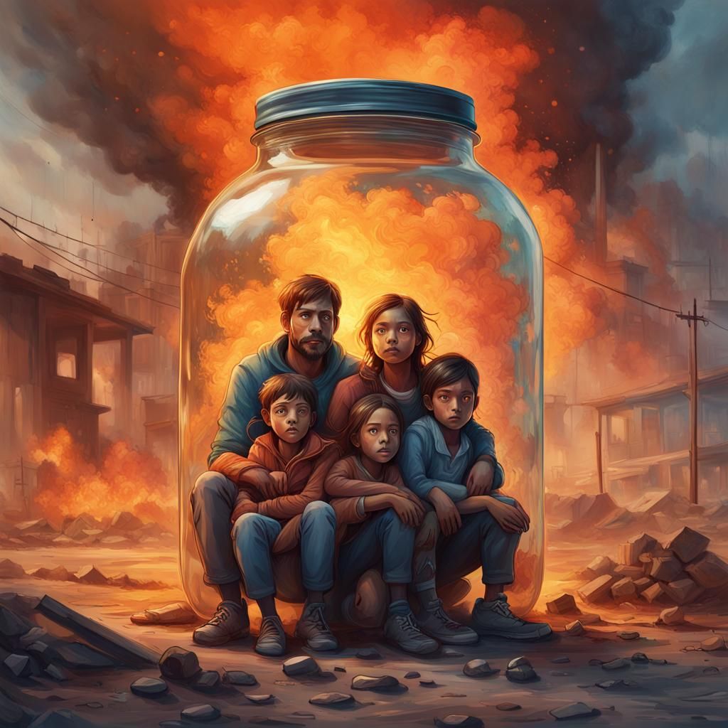 Family in Jar: Hyperrealistic War Zone Scene