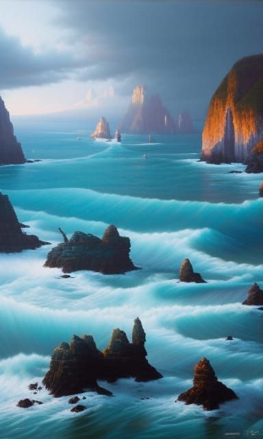 Epic Seascape Painting with Pirate Ships at Sunrise