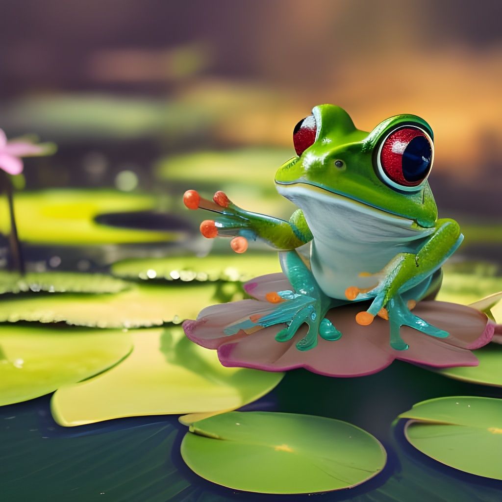 Colorful Chibi Frog on Lily Pad, Detailed Art