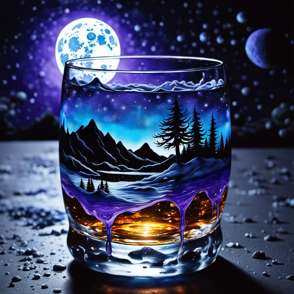 Glass whiskey glass cosmos galaxy universe novachaotic winte...