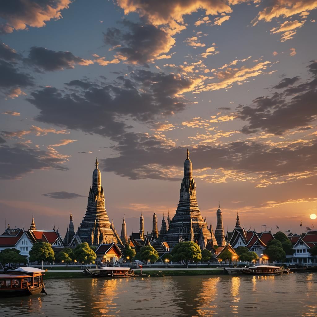 Wat Arun Sunset: Photorealistic 3D Anime Art