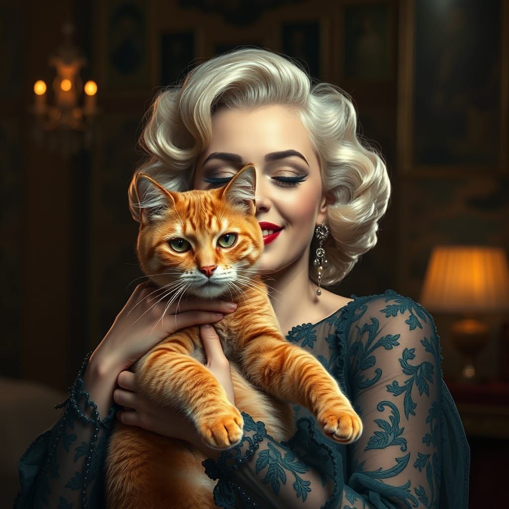 Marilyn Monroe with Ginger Cat in Epic Cinematic Painting