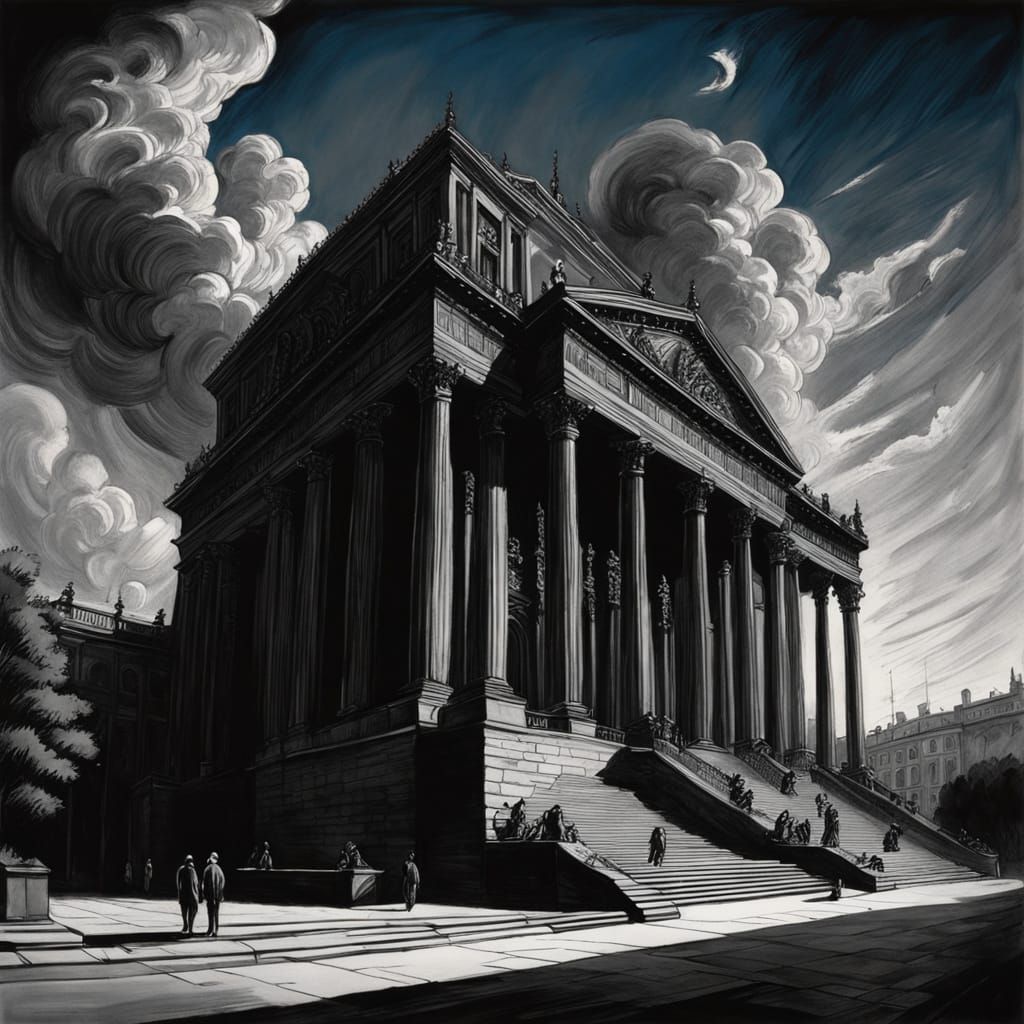 Stately Municipality Building in Dramatic Charcoal Drawing S...