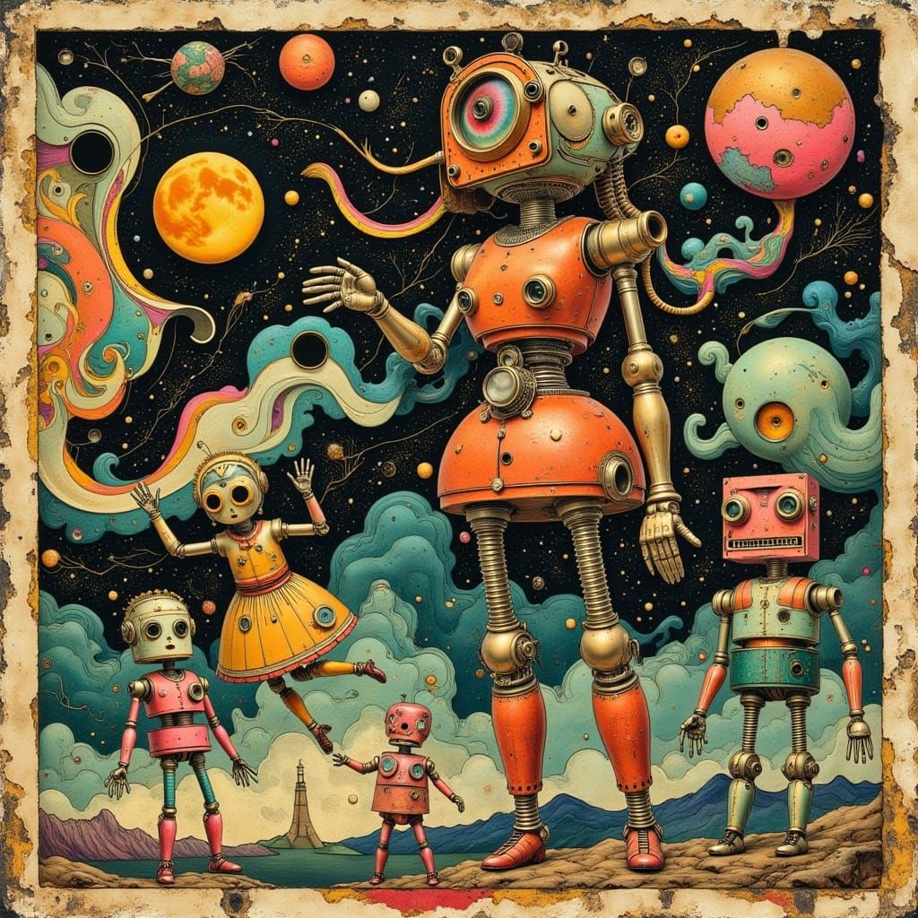 Whimsical Steampunk Robot Dance Party