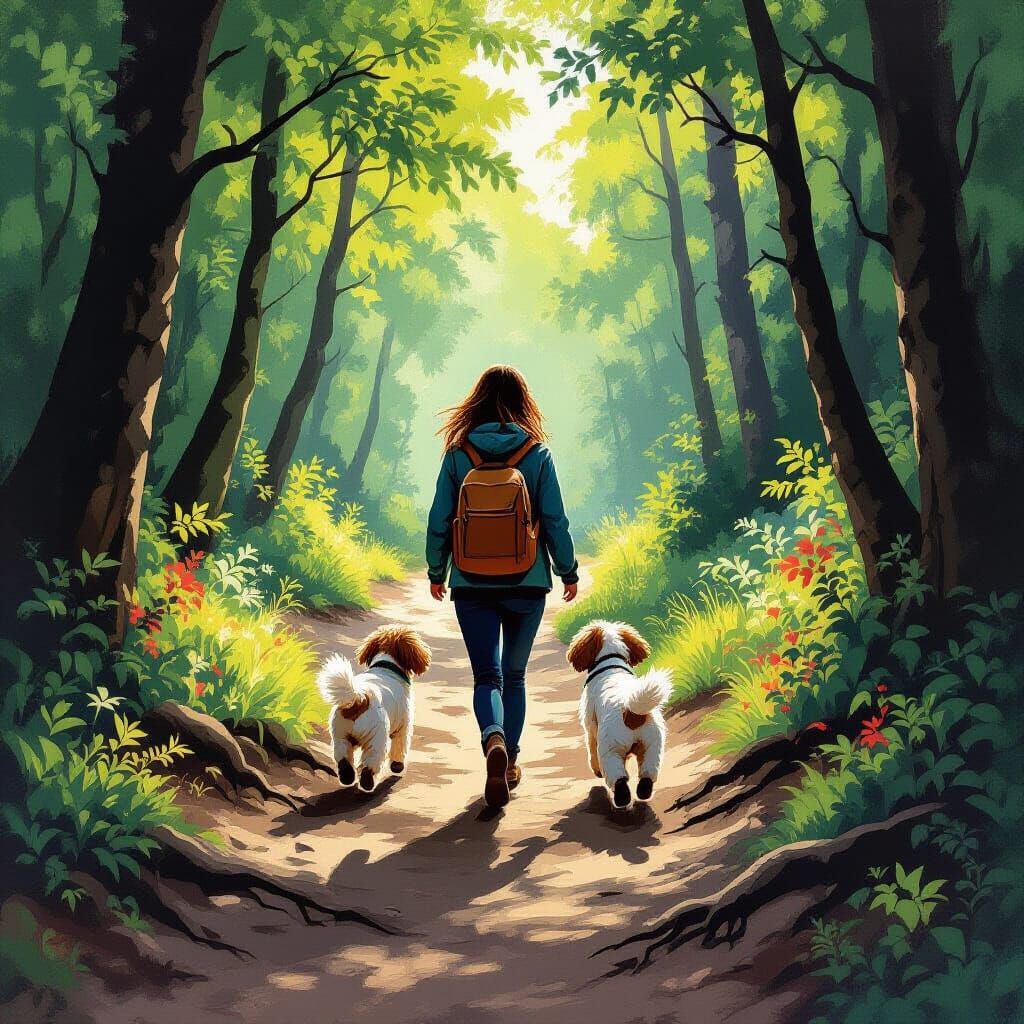 Woman Walking Dogs on Forest Path in Sunlight