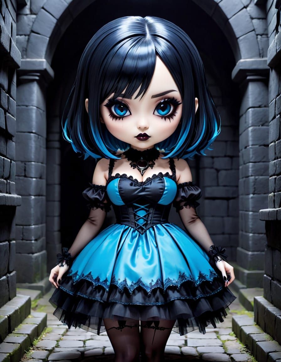 Chibi Neon Goth Goddess in Cyberpunk Realm