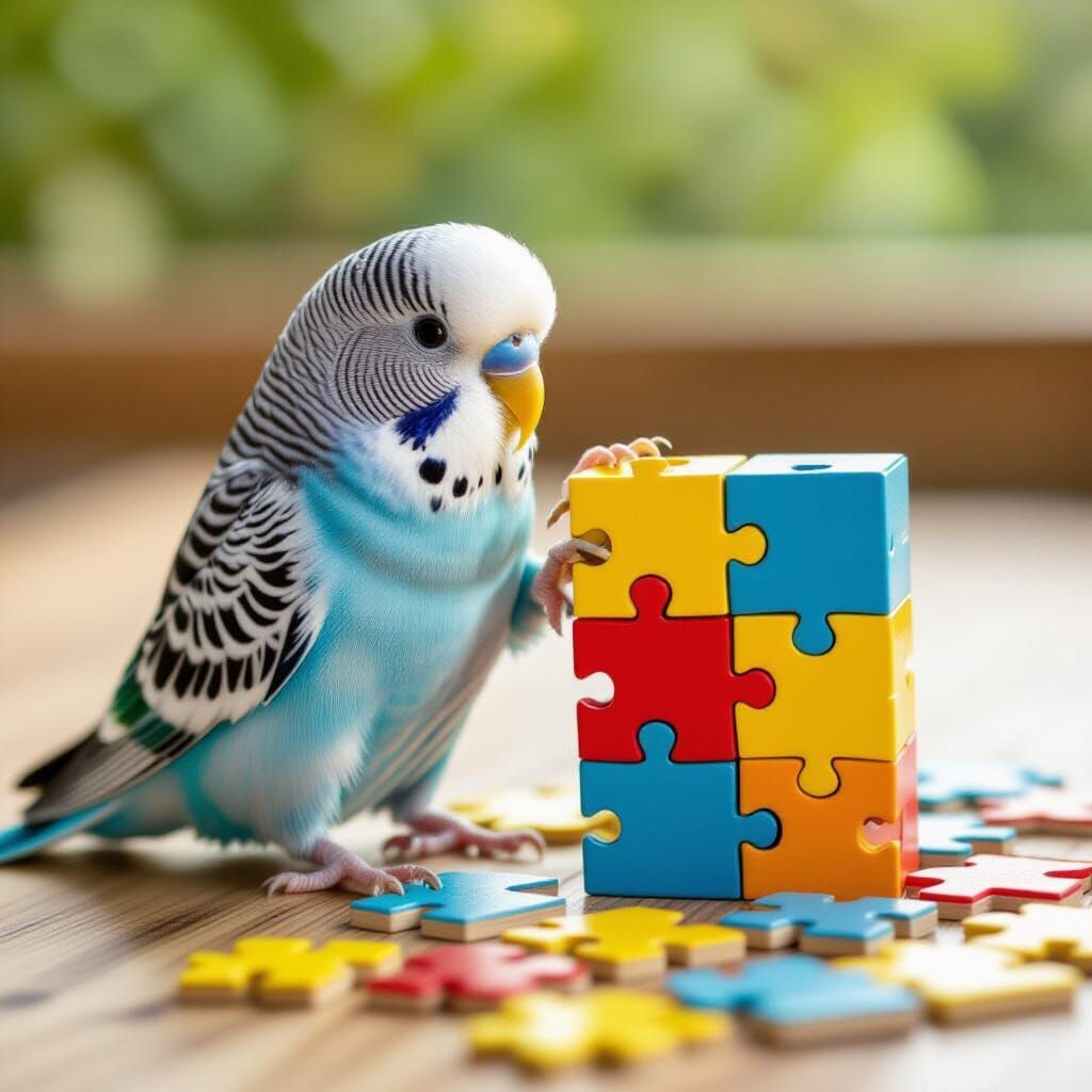 Budgerigar Parrot Solves a Jigsaw Puzzle