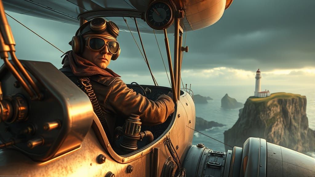 Steampunk Aviator Battles Storm Near Cliffside Lighthouse