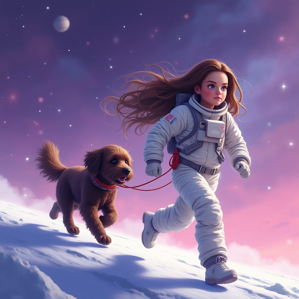 Female Student Runs with Fluffy Portuguese Water Dog on Satu...