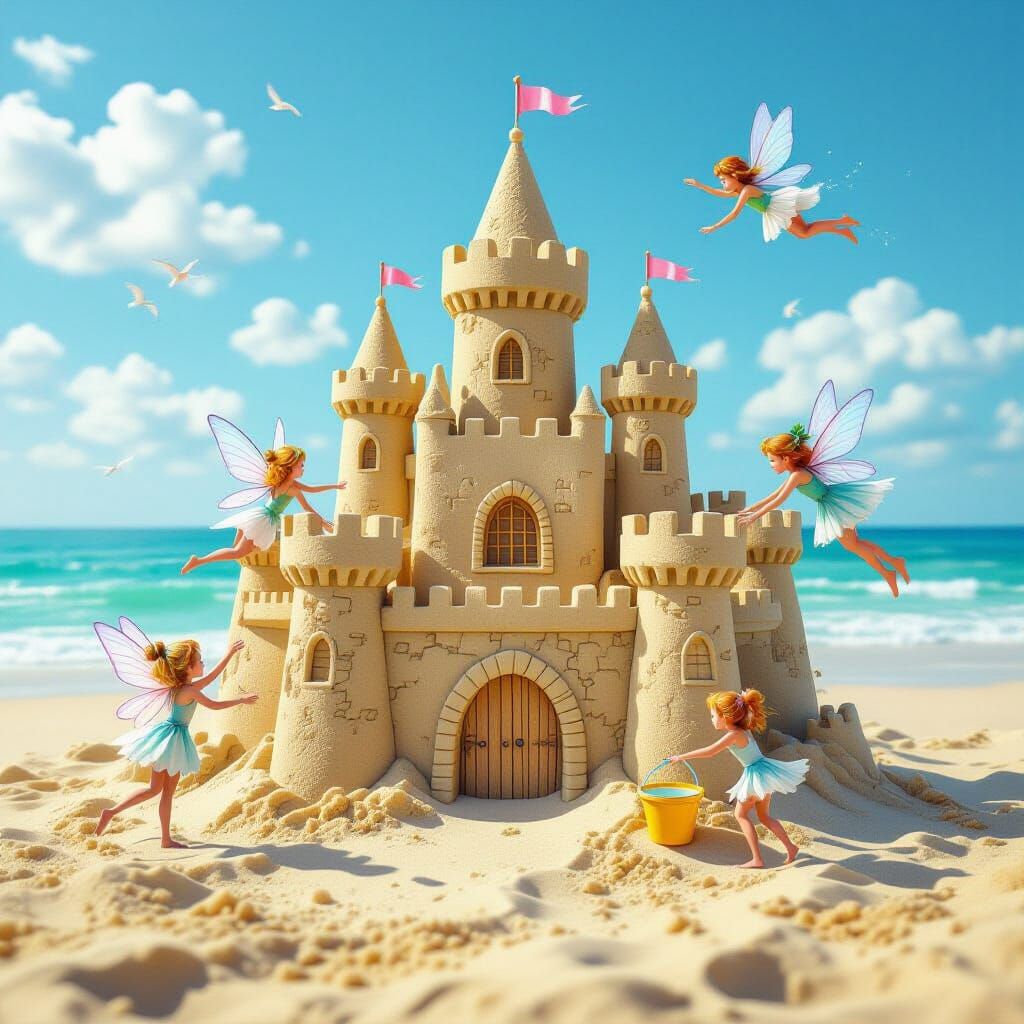 Fairies Building a Sandcastle on the Beach