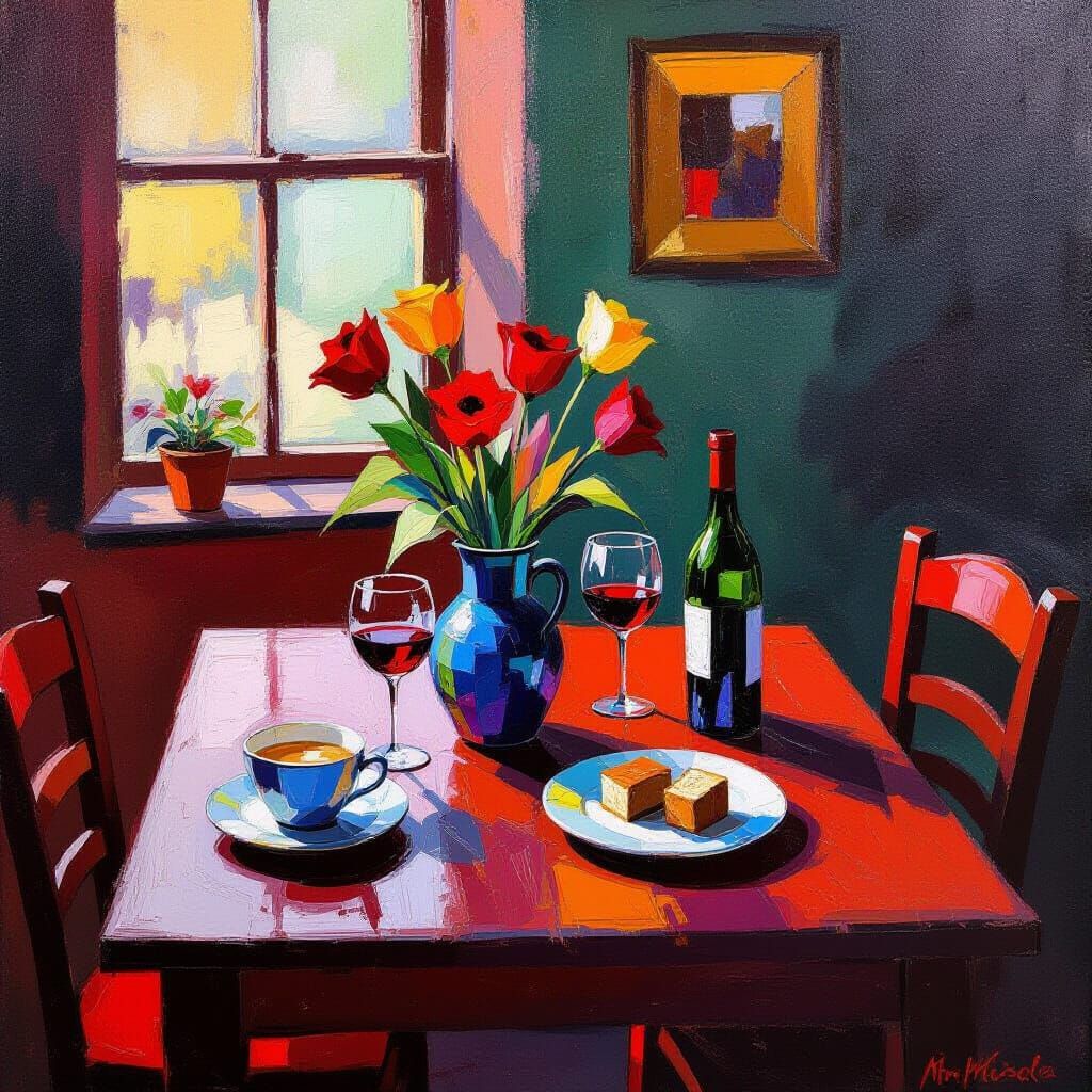 Vibrant Kitchen Scene in Oil, Fine Strokes