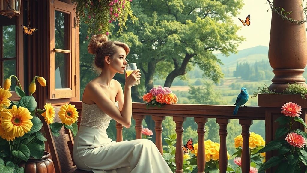 Woman Sipping Lemonade in Lush Garden, Whimsical Art