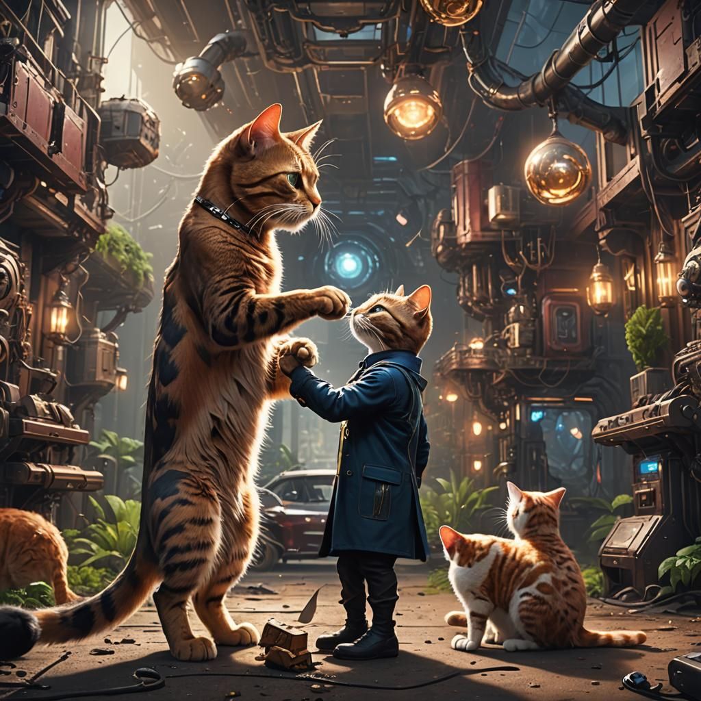 Cat and Elon Musk Shake Hands: Detailed Matte Painting