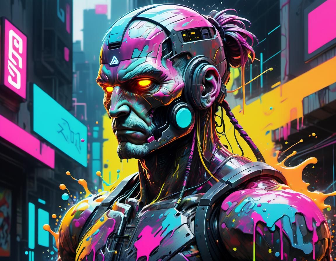 Cyberpunk Apollo: Technological Human in Street Art Style
