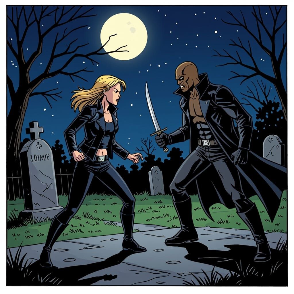 Buffy vs Blade in Comic Style Outside Cemetery at Night