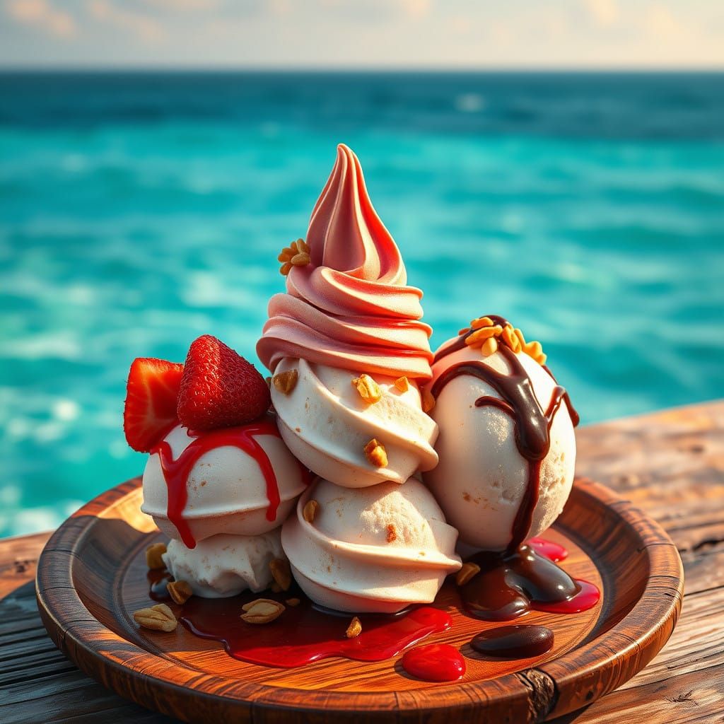 Decadent Ice Cream Sundae on Turquoise Blue Ocean